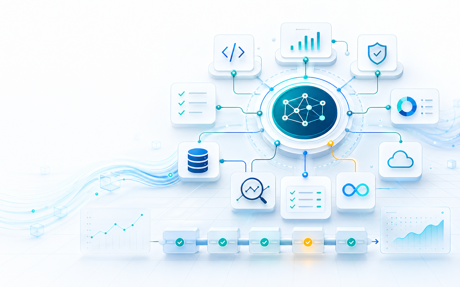 AI orchestration hub connecting coding agents, data flows, testing, governance, observability, and deployment